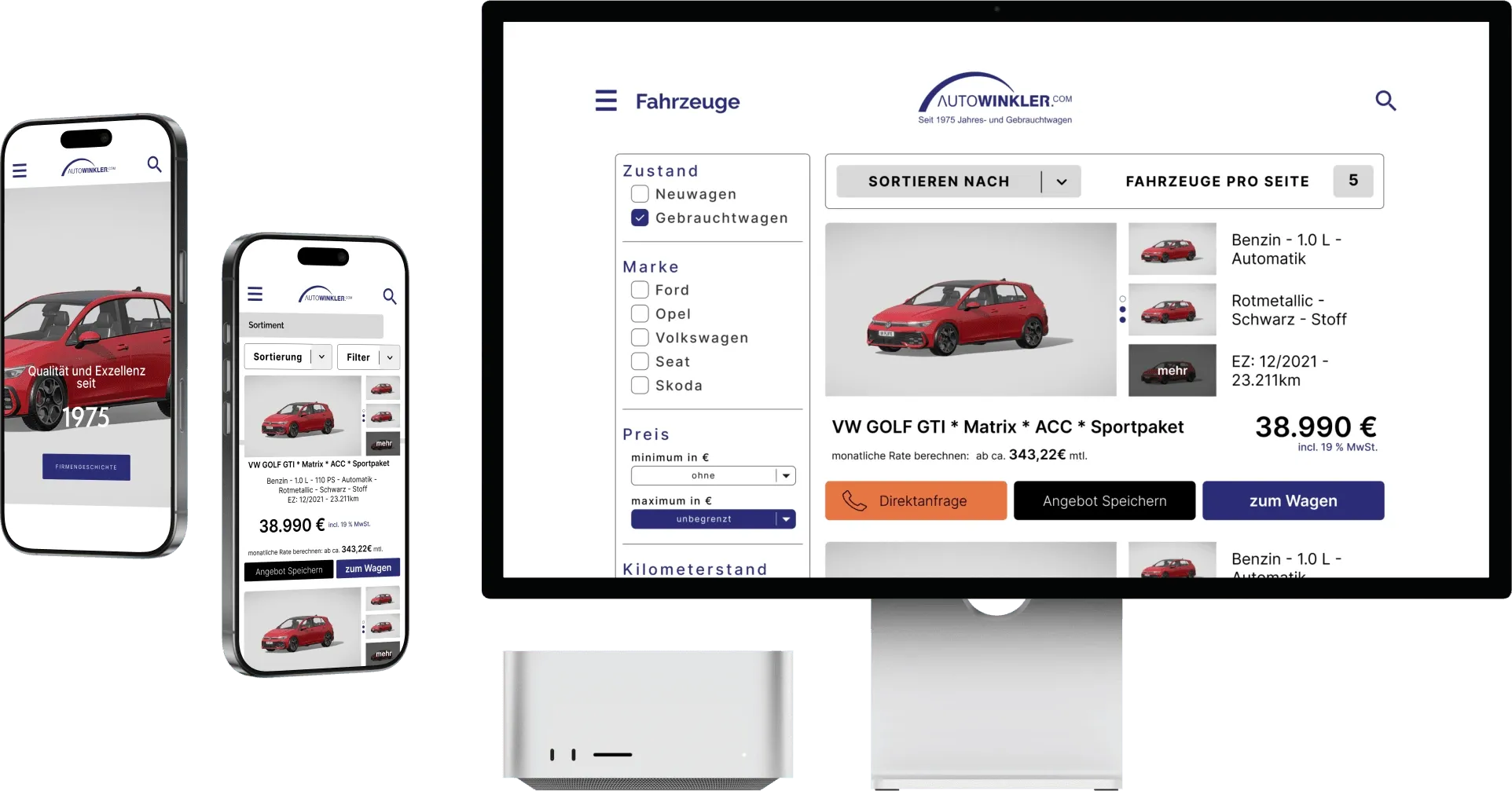 Mockup Image of the Autowinkler Website made by SMI - Digital on a Mac-Screen and two iPhone-Screens