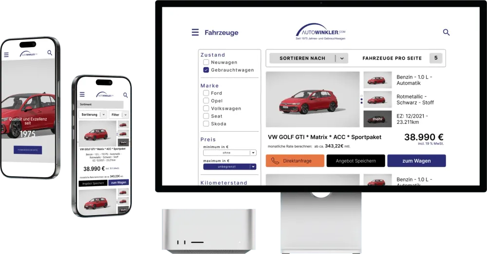 Mockup Image of the Autowinkler Website made by SMI - Digital on a Mac-Screen and two iPhone-Screens