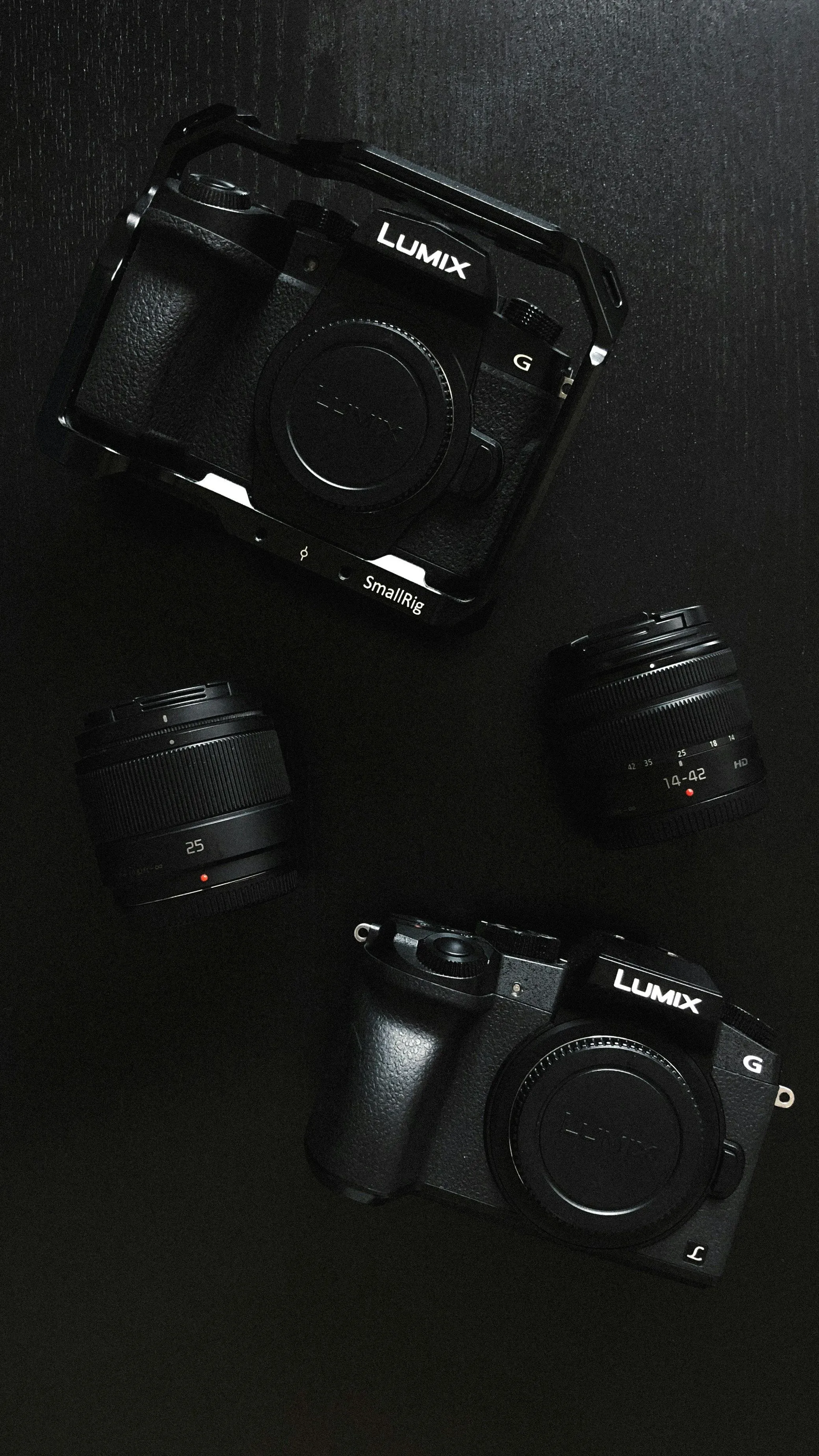 Dark image of Lumix camaras lying on a table